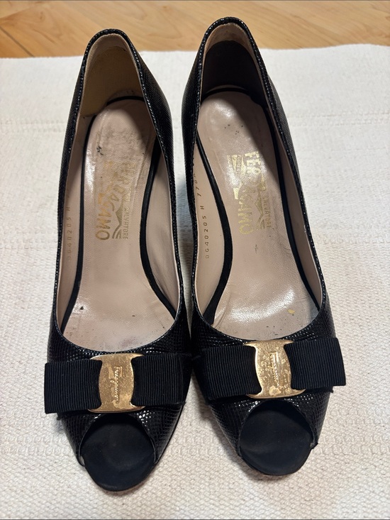 Salvatore Ferragamo Shoes - Salvatore Ferragamo Black Peep-Toe Vara Bow Pumps with Gold Accent